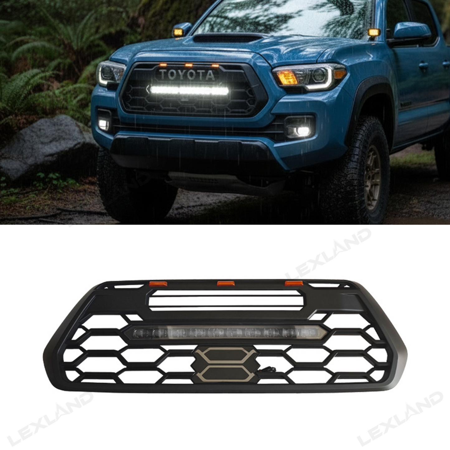 Tacoma Front Grill Replacement with Light Bar & Toyota Logo Front Bumper Grille for Toyota