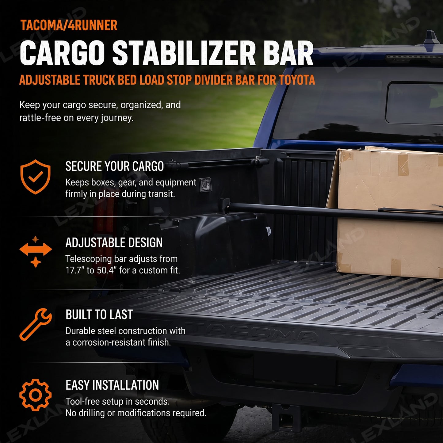 Tacoma/4Runner Cargo Stabilizer Bar Adjustable Truck Bed Load Stop Divider Bar for Toyota