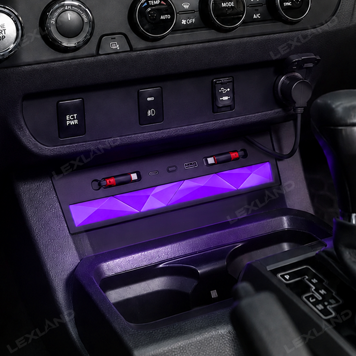 Tacoma Center Console USB Charging Hub Multi-Port Docking Station with Ambient Lighting & Retractable Cables