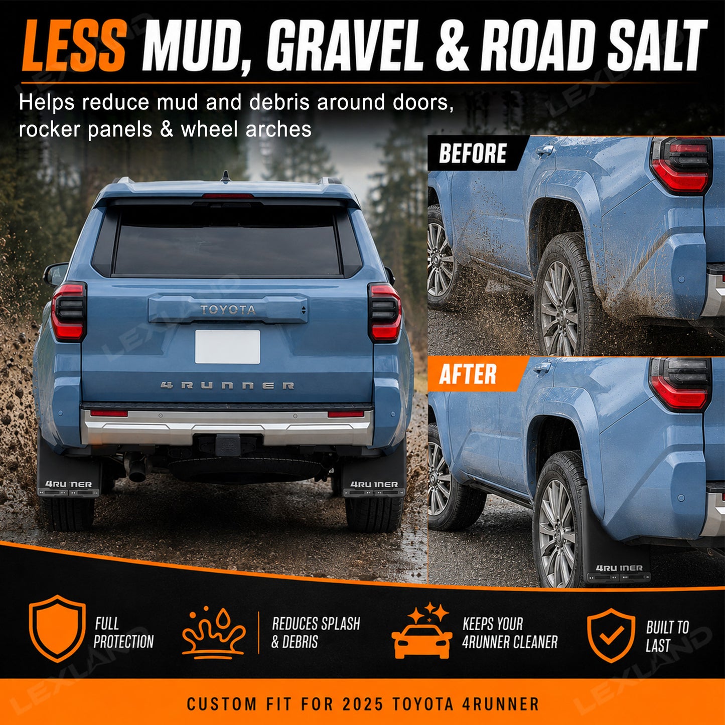 4Runner Mud Flaps No-Drill Splash Guards Front & Rear Fender Mudguards for Toyota