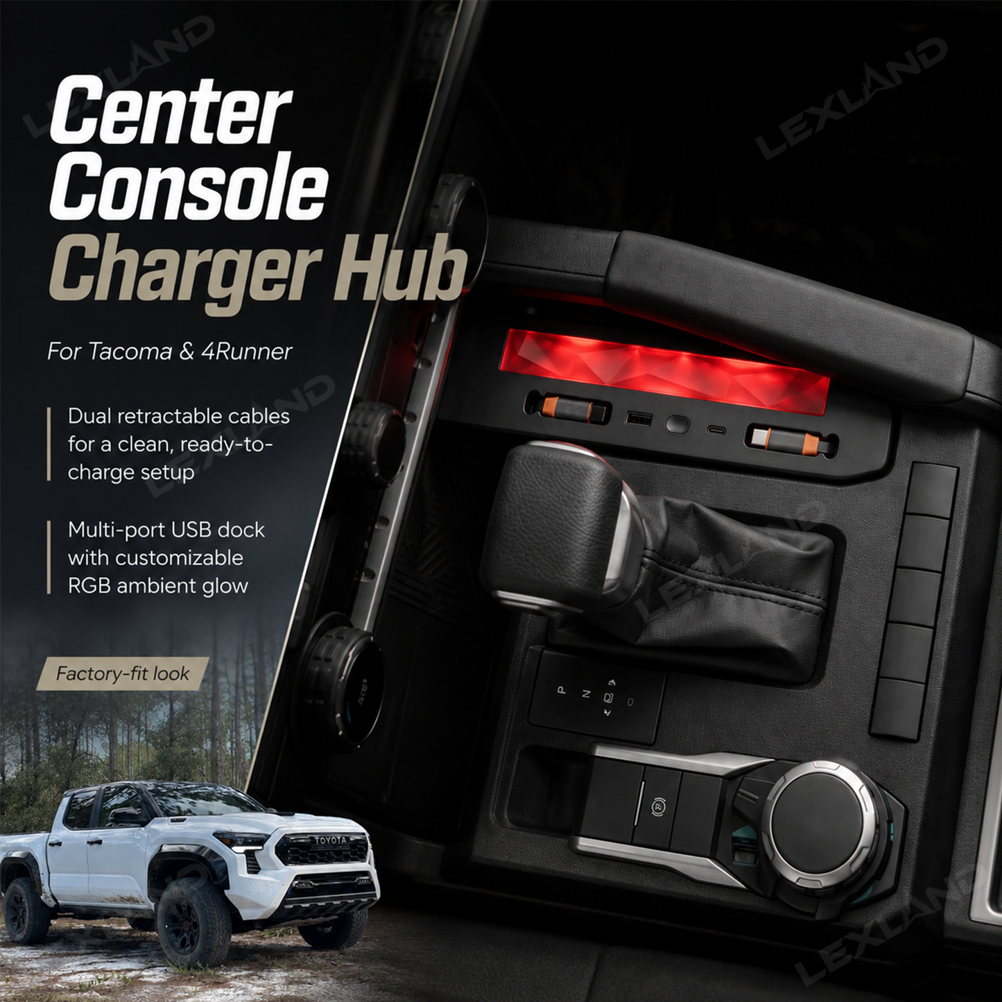 Tacoma & 4Runner Center Console Charger Hub | Multi-Port USB Docking Station with Retractable Cables & Ambient Lighting
