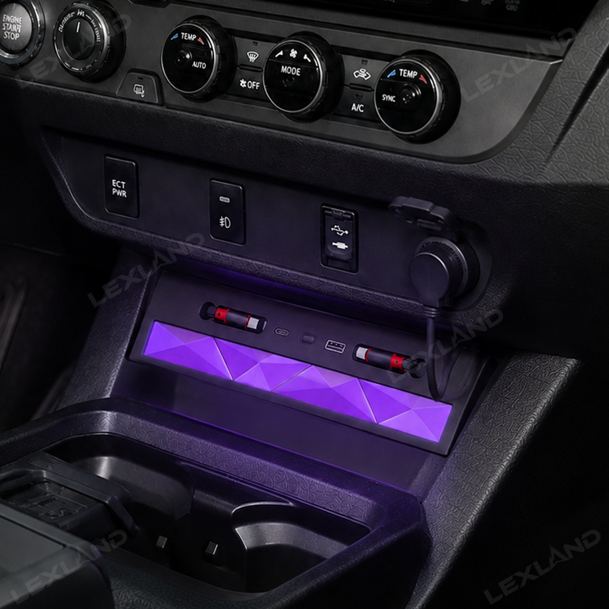 Tacoma Center Console USB Charging Hub Multi-Port Docking Station with Ambient Lighting & Retractable Cables