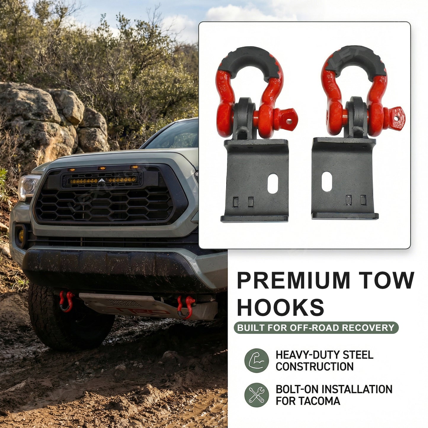 Tacoma Front Tow Hooks & Shackle Bracket Bolt-On Recovery Points 2PCS for Toyota
