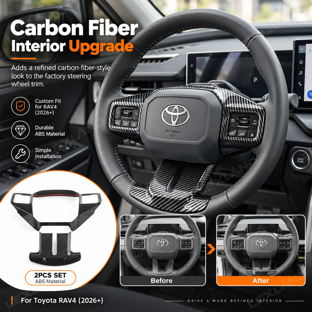RAV4 Steering Wheel Cover ABS Carbon Fiber Style Interior Upgrade for Toyota