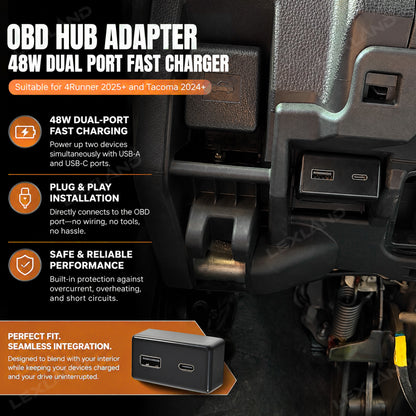 Tacoma /4Runner OBD Hub Adapter 48W USB-A & USB-C Dual Port Fast Charger for Toyota