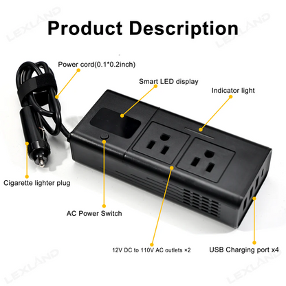 Tacoma 3rd Gen 200W Portable Power Inverter DC 12V to 110V AC Converter with LED Display & Cigarette Lighter Plug