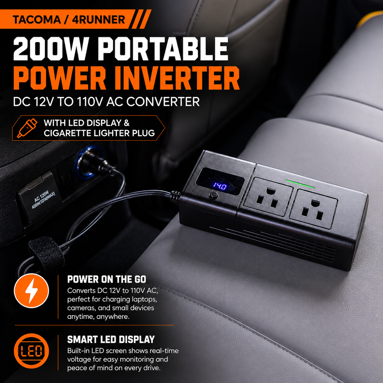 Tacoma/4Runner 200W Portable Power Inverter DC 12V to 110V AC Converter with LED Display & Cigarette Lighter Plug